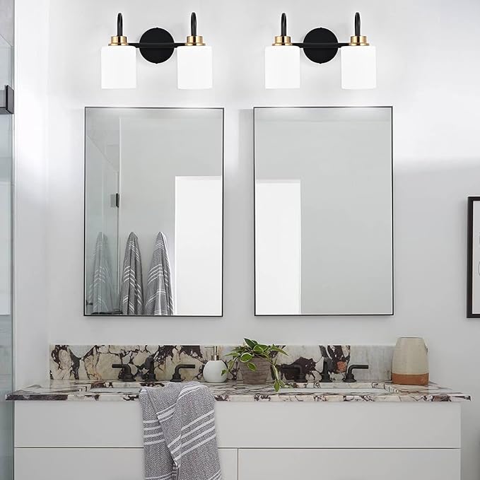 Modern Matte Black and Gold Bathroom Vanity Light Fixtures 2 Lights Milky Glass Wall Sconce Light Modern Vanity Lights Over Mirror(Exclude E26 Bulb)