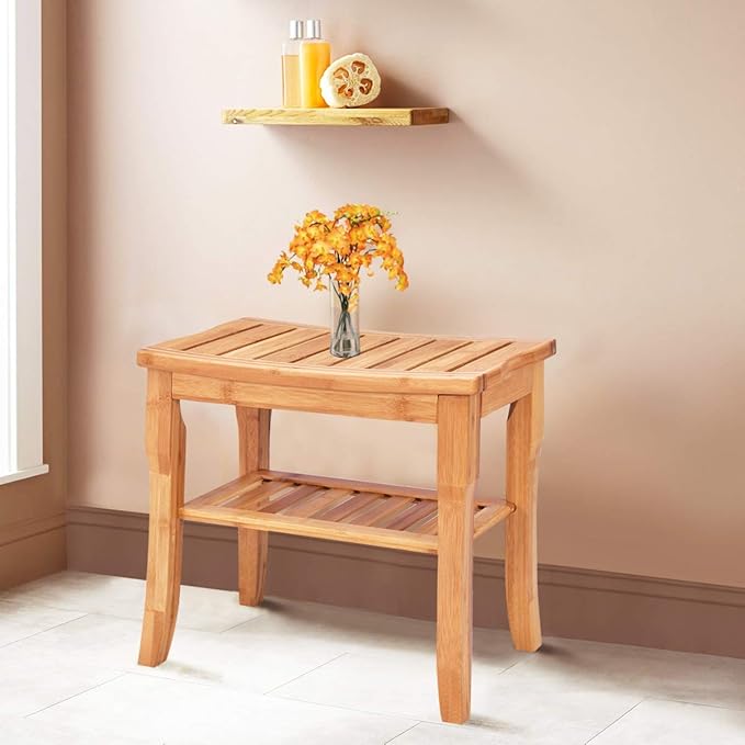 Giantex Bamboo Shower Bench Seat with Storage Shelf, Shower Spa Chair Seat Bench Organizer Stool for Indoor or Outdoor