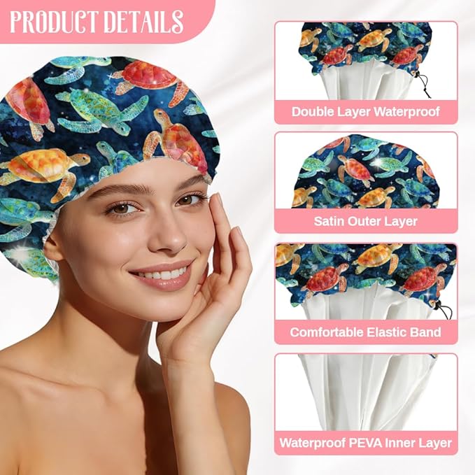 Sea Turtle Reusable Shower Cap Ocean Double Layer Waterproof Shower Caps Large Elastic Hair Cover Adjustable Hair - Drying Caps for Woman Man Bath SPA Travel One Size Fits Most