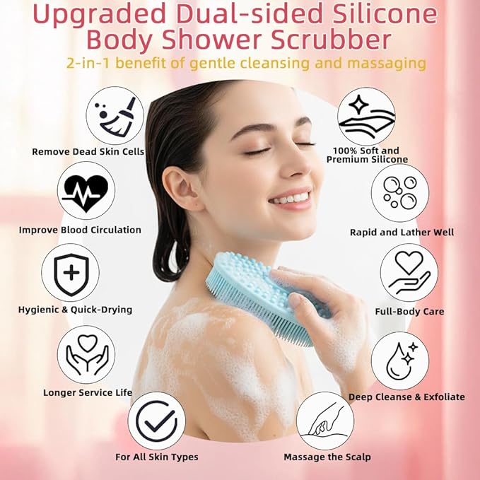 Silicone Body Scrubber 2 Pack Silicone Loofah Exfoliating Body Scrubber Soft Silicone Shower Brush with Handle Double Sided Bath Body Brush for Women Men Cleaning Massage Sensitive Skin, (Pink, Blue)