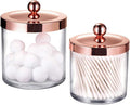 SheeChung 2-Pack Plastic Apothecary Jars with Rose Gold Metal Lids - 25oz & 15oz Clear Acrylic Qtip Holder Set - Shatterproof Bathroom Vanity Organizer for Cotton Balls, Swabs, Pads - Luxury Decor