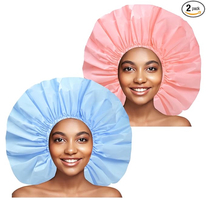 Jumbo Size Shower Cap 2 PCS Waterproof Shower Caps for Women, Extra Large Shower Cap, Reusable Super Large Bath Caps Hair Cap for Long Thick Curly Hair, Locs, Twist Braids - Pink + Blue
