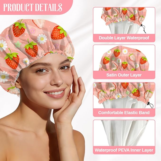Strawberries Reusable Shower Cap Cute Fruit Double Layer Waterproof Shower Caps Large Elastic Hair Cover Adjustable Hair - Drying Caps for Woman Bath SPA Travel One Size Fits Most