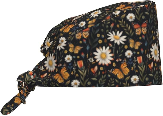 Scrub Cap for Women and Men Boho Black Leaf Pattern Adjustable Breathable Sweatband Hat for Work Kitchen Spa Shower Daily Use
