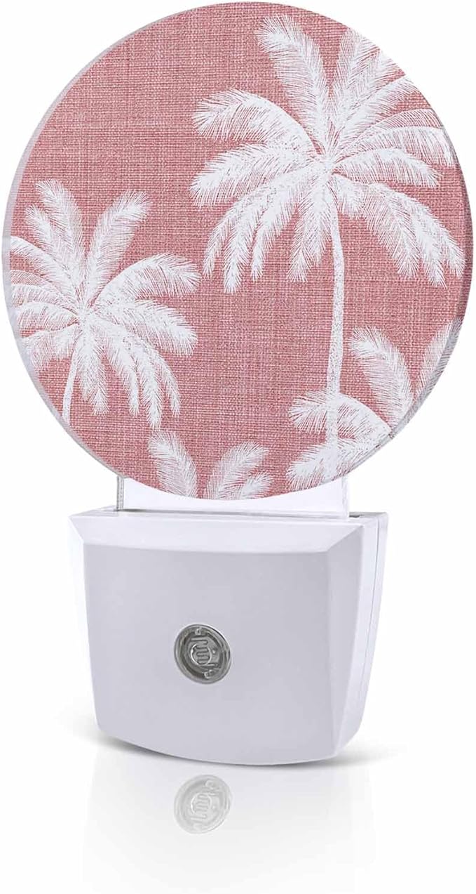 Night Lights Auto Sensor Tropical Palm Trees Night Light Rose Pink Linen Coastal Round Lamp Plug-in LED Nightlights Dusk to Dawn for Living Room Bedroom Bathroom Hallway Wall Decor