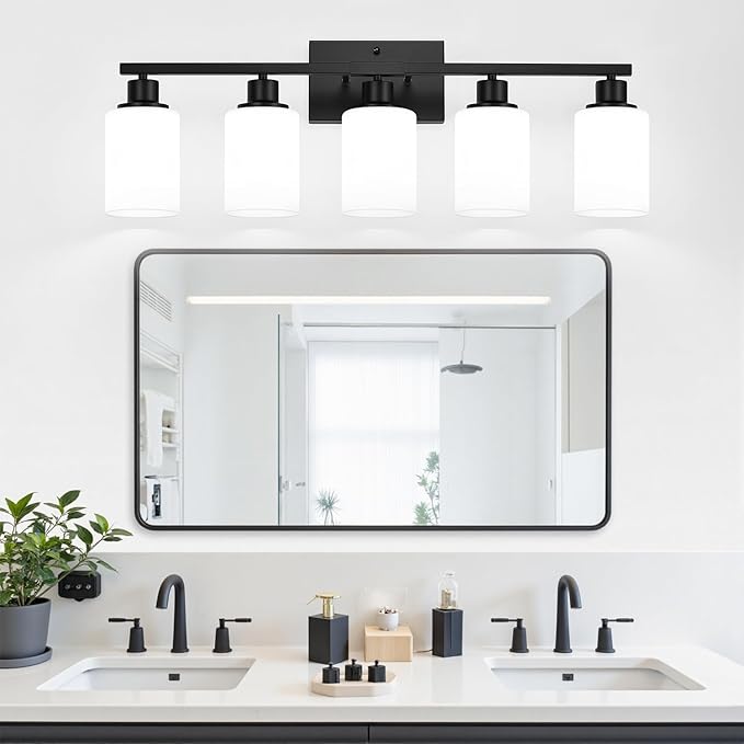 Indoi 5-Light Black Bathroom Vanity Light Fixture with Milky White Frosted Glass Shades, Bathroom Light Fixture for Mirror, Matte Finish, Reversible Up/Down Lighting for Bedroom, Living Room, Hallway