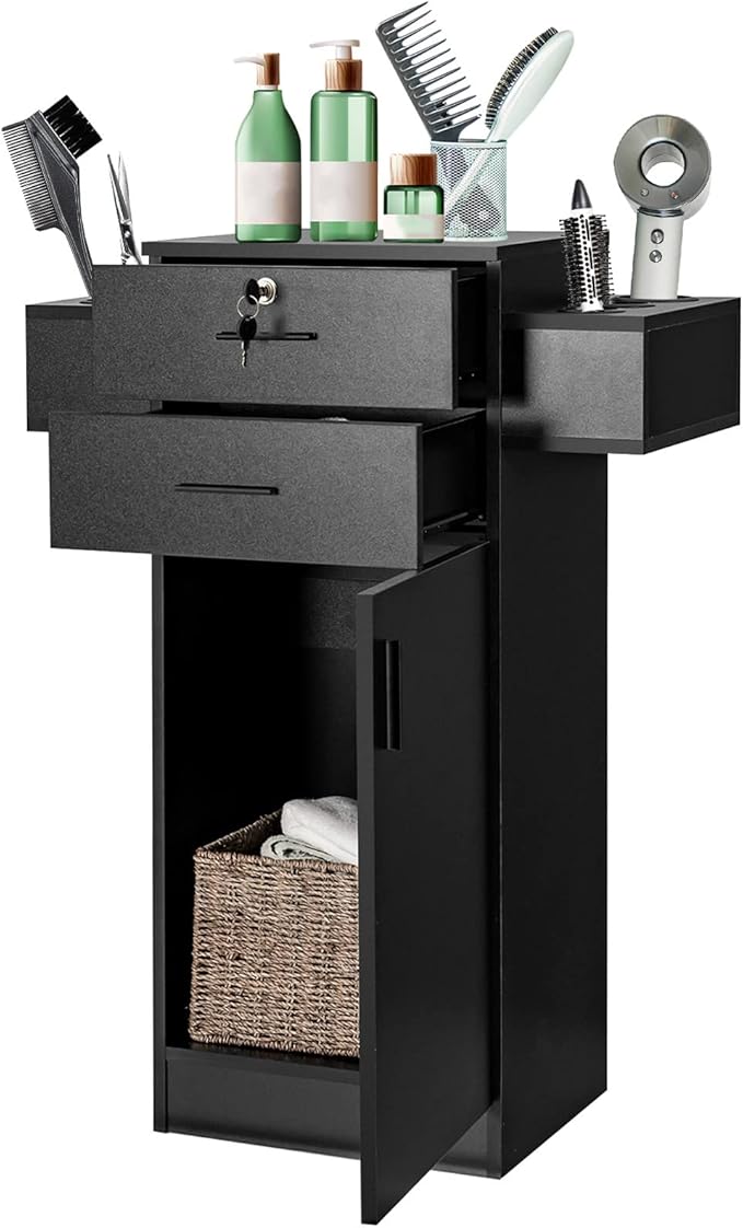 Giantex Salon Storage Cabinet, Locking Hair Styling Storage Organizer with 2 Drawers, 6 Hair Dryer Holders, Wooden Beauty Salon Spa Barber Station Hairdressing Equipment, Black (1)