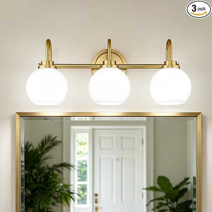 AKEZON Bathroom Light Fixtures 3-Light Brushed Gold Vanity Light, Modern Bathroom Wall Sconce with Milky White Frosted Glass Shade for Mirror Bedroom Hallway