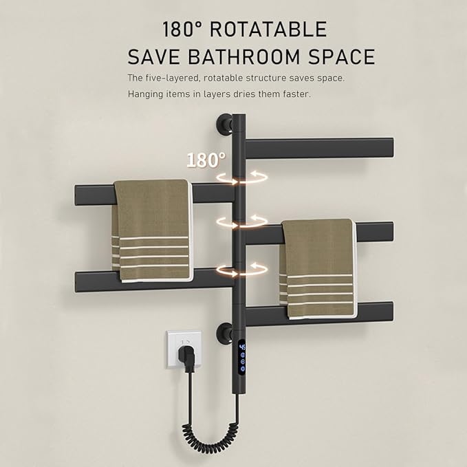 Smart Rotating Heated Towel Rack for Bathroom Black, VOKIM 5-Bar Wall-Mounted Electric Towel Warmer with Swivel Bars, Stainless Steel, IPX4