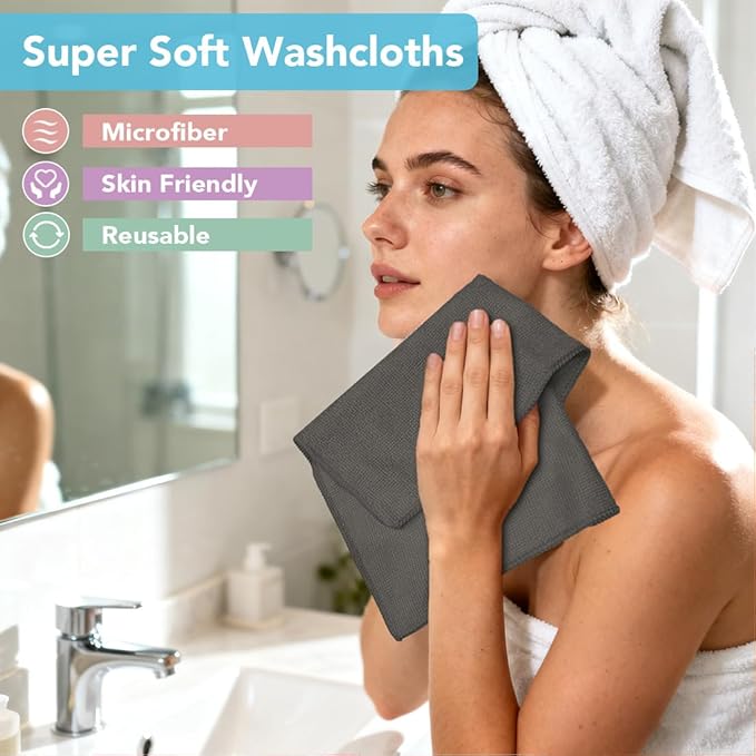 Orighty Washcloths, 5 Pack Microfiber Face Towels, Highly Absorbent and Soft Feel Wash Cloths & Hand Towels for Bathroom, Hotel, Spa, and Gym, 11.5x11.5 Inch, Grey