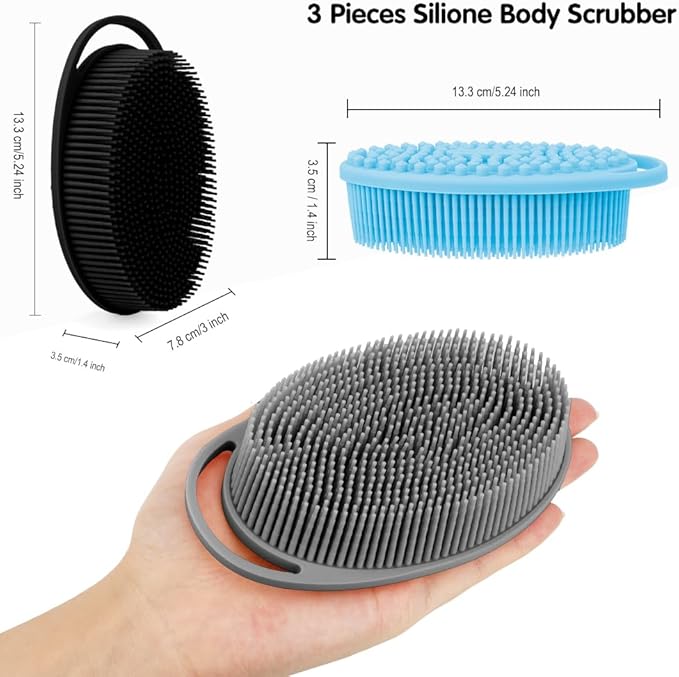 3 Pack Silicone Body Scrubber, Soft Silicone Loofah Silicone Body Brush Exfoliating Body Scrubber, Bath Shower Scrubber for Body, 2 in 1 Bath and Shampoo Wash Brush for Skin Exfoliation Men Women