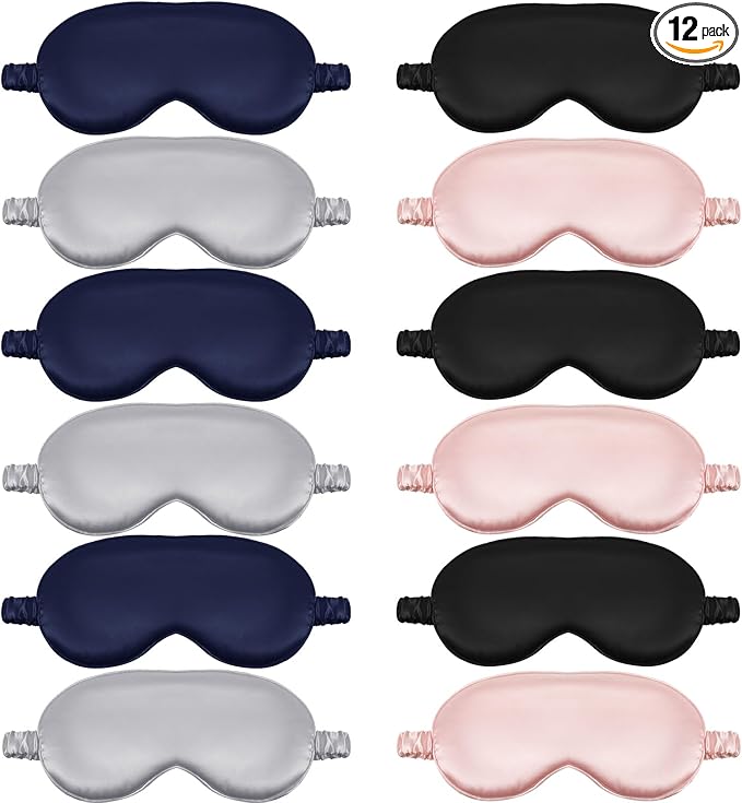 Cutecrop 12 Pcs Silk Sleep Masks Soft Satin Eye Masks with Adjustable Elastic Strap for Sleeping Comfortable Blindfold Eyeshade for Women Men Nap Night Travel Gifts (Navy Blue,Black,Pink,Silver)