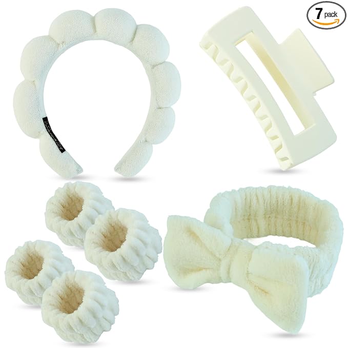 7 Pcs Spa Set, Facial Headband and Wristband Set, Skincare Accessories, College Style Girl Idea Gifts, Hair Accessories for Women and Girls（Light Beige）