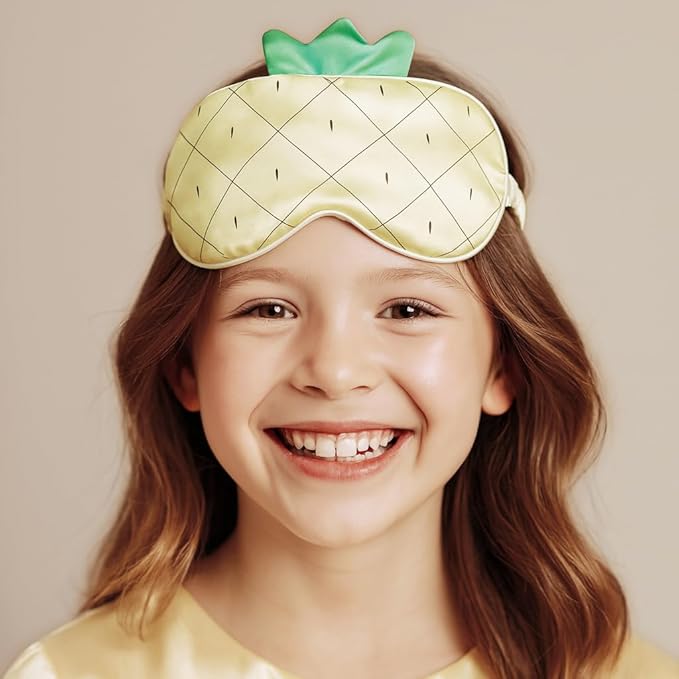 Orose Kids Silk Sleep Mask Cute Adjustable Original Design for Boys & Girls, Double-Sided Mulberry Silk, Cartoon Pattern, Toddler Eye Mask (Pineapple)
