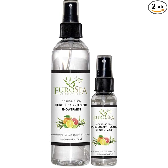 EuroSpa Aromatics Pure Eucalyptus Oil ShowerMist and Steam Room Spray, All-Natural Premium Aromatherapy Essential Oils - Citrus Infused, Duo Pack, 8oz and 2oz