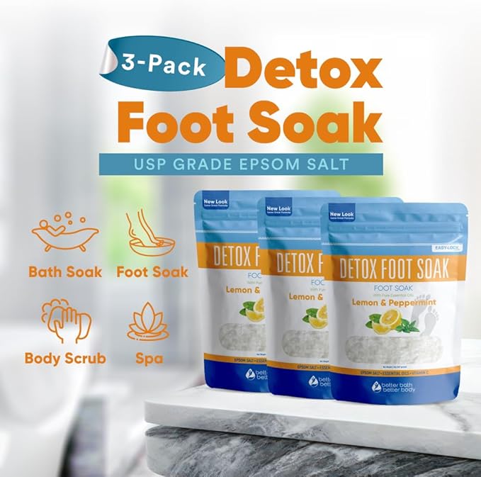 Detox Foot Soak (3 Pack) Epsom Salt Soothing Soaks and Athlete's Foot Detox with Essential Oils in BPA Free Pouch with Press Lock Seal (Bundle with Three 2 Lbs Pouches 6 Lbs Total)