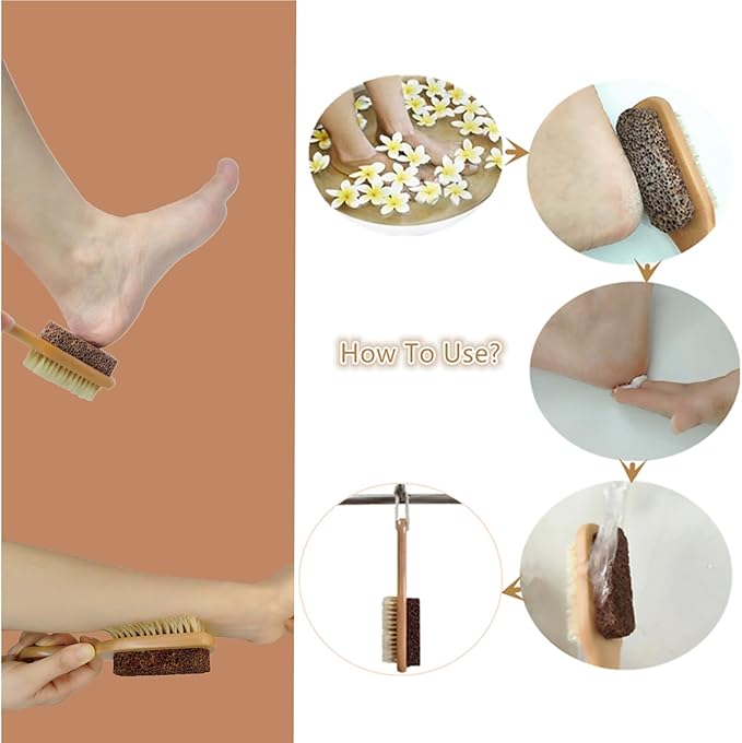 Natural Lava Pumice Stone for Feet with Foot Brush, Callus Remover Foot Scrubber Exfoliator Pedicure Tools for Hard Dead Skin, Softer & Smoother Feet, Double Sided Boar Bristles Wooden Handle