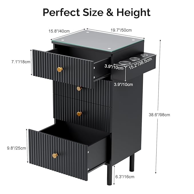 OmySalon Salon Station, Barber Station for Stylist, Hair Storage Cabinet with Glass Top & 4 Drawers & 3 Heat Resistant Tool Holders, For Beauty Spa, Salon, Black