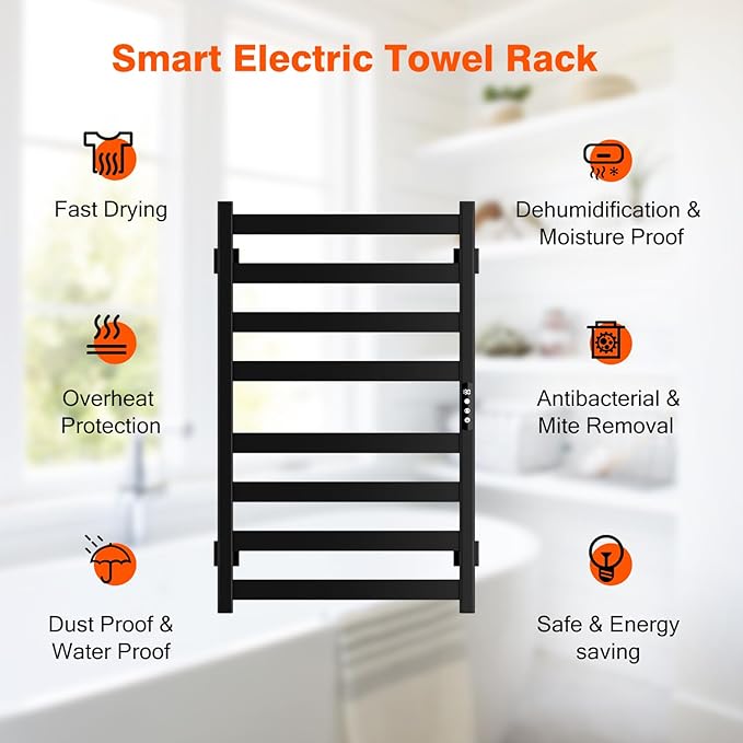 Towel Warmer, Towel Heater Rack for Bathroom, 8-bar Electric Towel Dryer Wall-Mounted Plug-in Bath Heater, 201 Stainless Steel Hot Towel Rack with Timer and Smart Temperature Control