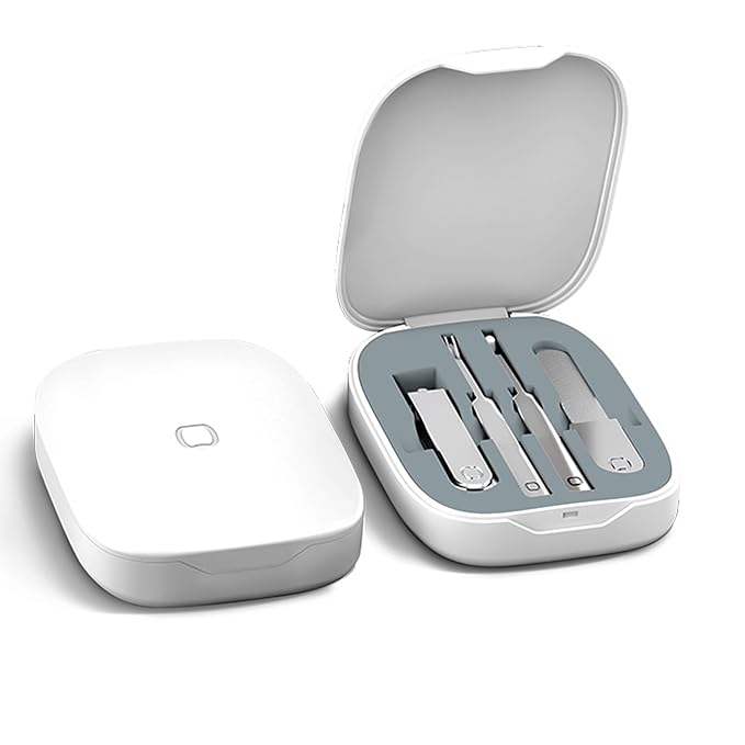 Sourcingbay Nail Care Set - 4-in-1 Stainless Steel Nail Clippers, Cuticle Fork, Ear Pick, Nail File with Storage Case, Travel Grooming Kit for Men Women Seniors - White