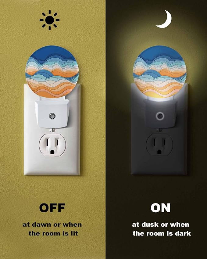 Night Lights Auto Sensor Ombre Orange Blue Night Light Abstract Mountain Waves Lines Round Lamp Plug-in LED Nightlights Dusk to Dawn for Living Room Bedroom Bathroom Hallway Wall Decor