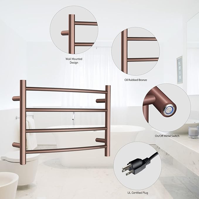 Towel Warmer ORB for Bathroom Wall Mounted Bath Towel Heater Plug-in Electric Heated Towel Rack Stainless Steel Curved Round Oil Rubbed Bronze Drying Rack ETW29 40W 16.54x23.62x5.51 inches