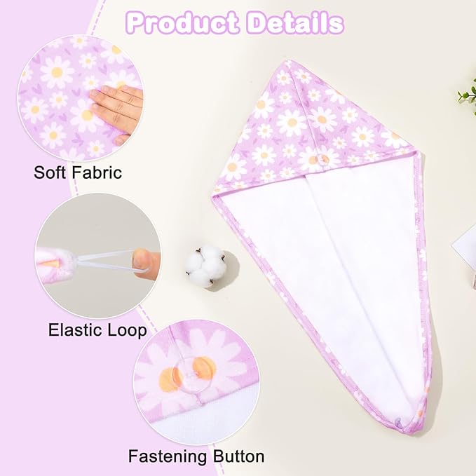 FIOBEE Microfiber Hair Towel Wrap for Kid Rapid Drying Towel Absorbent Hair Turbans for Wet Hair with Button Women Girls Long Curly Hair Pack of 2, Pink/Purple Flowers