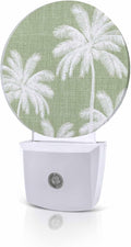 Night Lights Auto Sensor Tropical Palm Trees Night Light Olive Green Linen Coastal Round Lamp Plug-in LED Nightlights Dusk to Dawn for Living Room Bedroom Bathroom Hallway Wall Decor