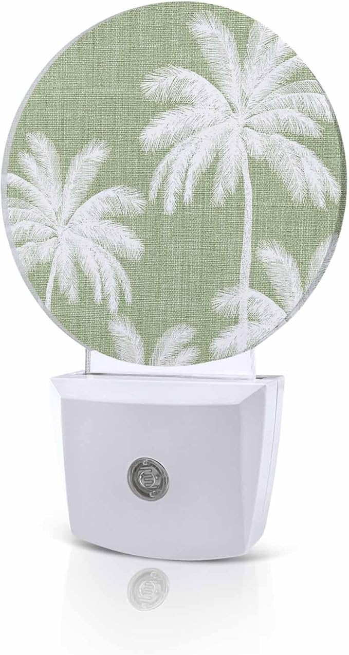 Night Lights Auto Sensor Tropical Palm Trees Night Light Olive Green Linen Coastal Round Lamp Plug-in LED Nightlights Dusk to Dawn for Living Room Bedroom Bathroom Hallway Wall Decor