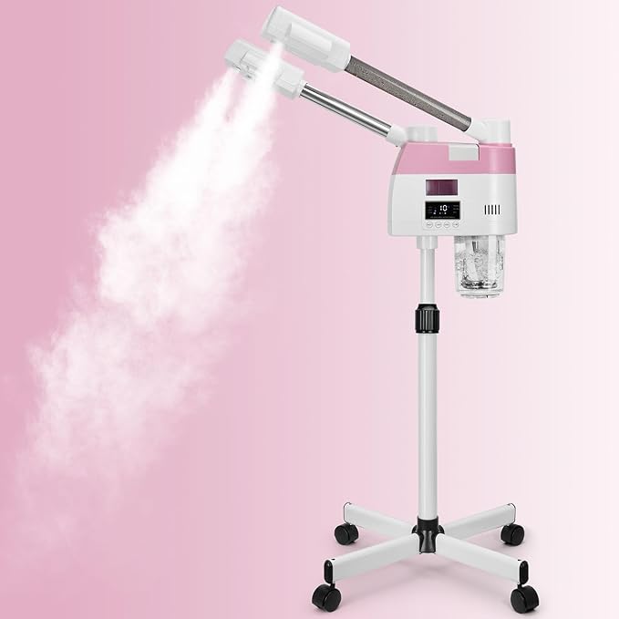 Professional Facial Steamer,2 in 1 Facial Steamers with Hot&Cool Mist, Height Adjustable Face Steamer, Pink Esthetician Steamer for Home Salon Spa