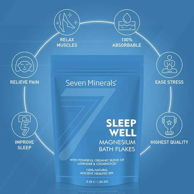 Seven Minerals SleepWell Magnesium Chloride Flakes 3lb – Absorbs Better Than Epsom Salt - Unique & Natural Full Bath Soak Formula for Healthy Relaxation - with Cedarwood & Lavender