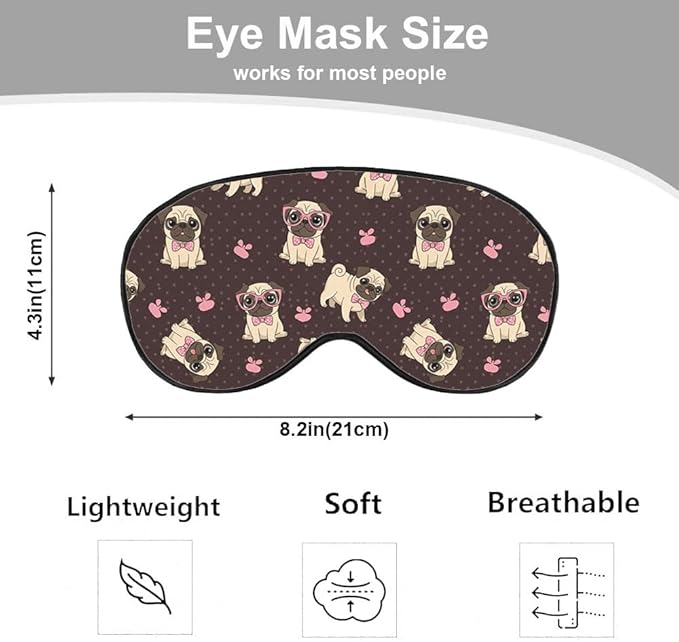 Cartoon Pug Sleep Mask Eye Mask Puppy Bow Tie Glasses Dog Animal Sleep Mask Light Blocking Adjustable Smooth Soft Eye Masks for Women Deep Rest Travel
