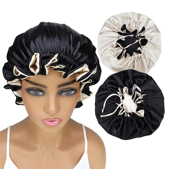 Adjustable Silk Satin Bonnet Hair Care Caps for Women Girls Loose-fitting Reversible Sleeping Cap Shower Caps Hair Wrap Bonnets (004 Black/Beige)