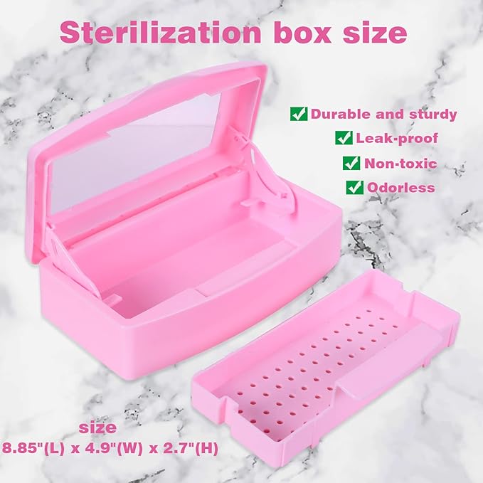 Plastic Sterilizing Tray-Sterilization Tray,Clean Sterilizer Box Storage Organizer for Nail,Tweezers,Hair Salon,Spa & Cutter Manicure Equipment-Clear Lid Pink