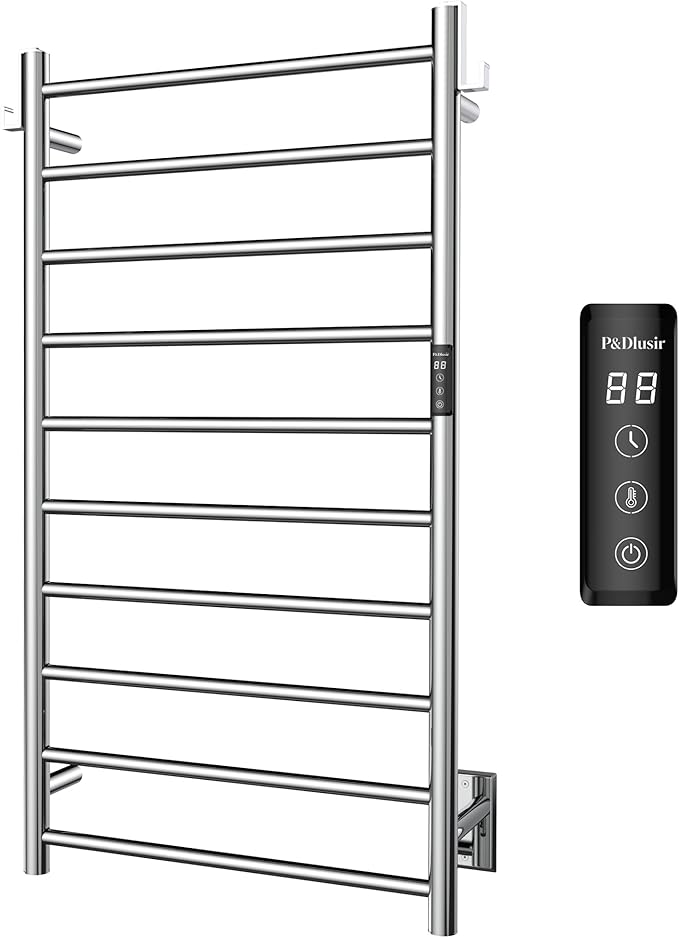 P&Dlusir Towel Warmer, Heated Towel Rack with Smart Timer and Thermo Control, Wall-Mounted Heated Towel Rail, Stainless Steel, Hard-Wired/Plug-in, Polished, 10 bar