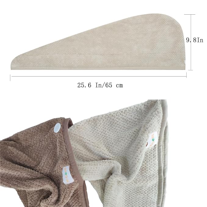 M-bestl 2 Pack Hair Drying Towels,Hair Wrap Towels,Absorbent Microfiber Hair Towel Turban with Button Design to Dry Hair More Quicker（Khaki&Coffee）