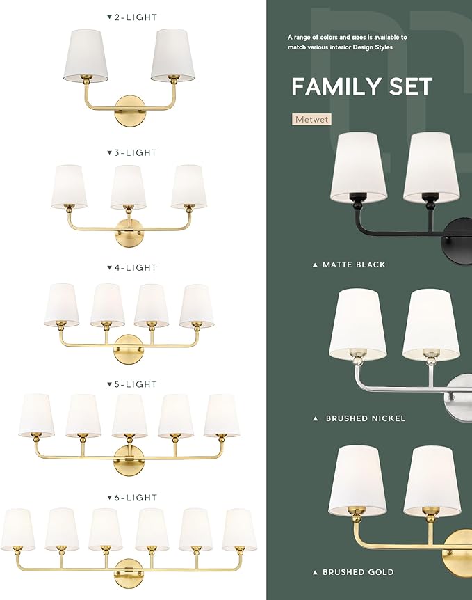 Bathroom Light Fixtures, 42 Inch Brushed Gold Vanity Lights with Flared White Fabric Shade, 6-Light Wall Sconce, Modern Sconces Wall Lighting for Hallway Bedroom, VL837-BG-6