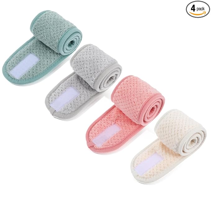 Yolev 4 Pcs Skincare Headbands Adjustable Spa Headbands for Women Cotton Skin Care Headband with Magic Tape 4 Colors Hair Band for Washing Face Makeup Women