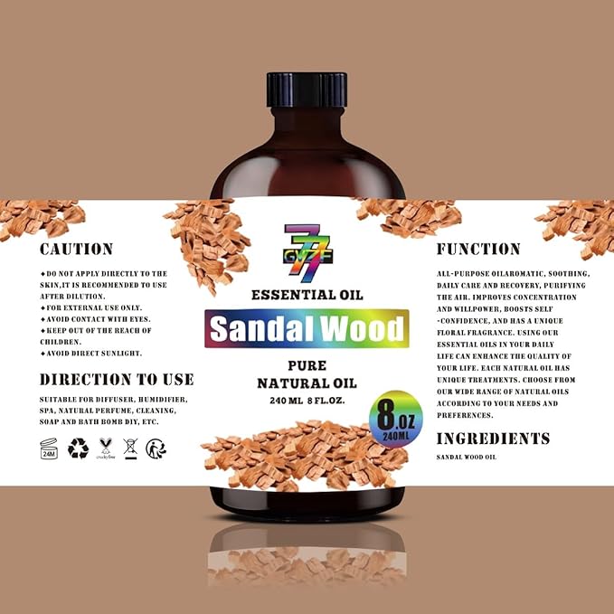 Sandalwood Essential Oil - GV77ZF Sandalwood Oils for Diffusers, Humidifiers, DIY Candles, Soap, Cleaning, Home, Office, Yoga, Massage, Gifts - 8 fl oz (240 ml)