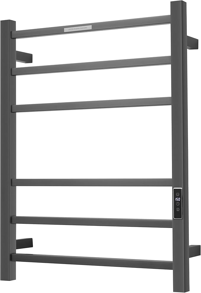 Electric Heated Towel Warmer - Wall Mounted Bathroom Towel Rack, Plug-in Design & Brushed Stainless Steel Finish Gunmetal with Timer & Temperature Control 6 Bar