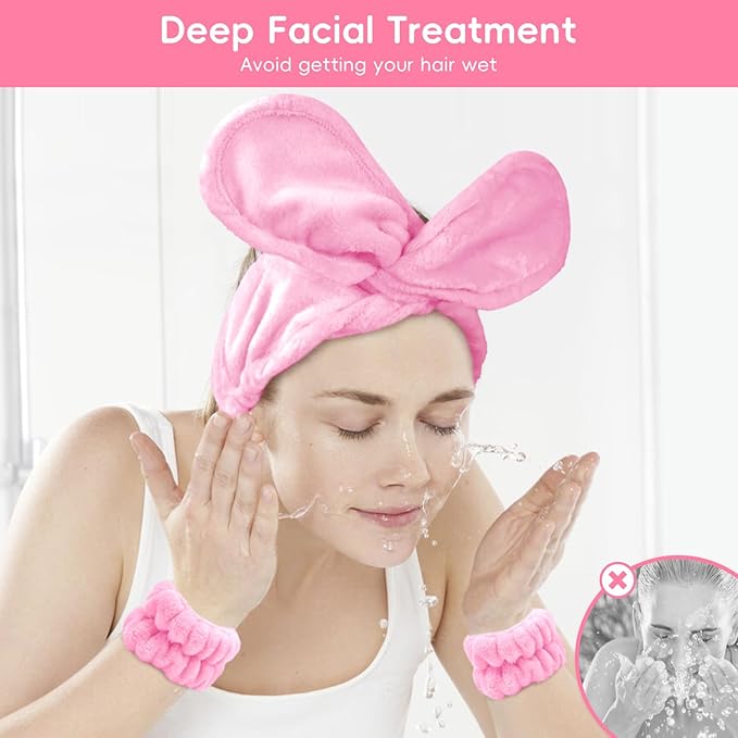 my novel things Hair Band for Washing Face, Adjustable Skincare Spa Headband and Wristband Set for Women Girl, Makeup Hair Headbands Cute Pink Versatile Fun Gift for Friend