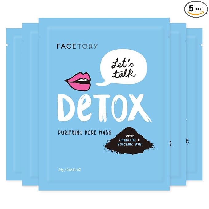 FACETORY K Beauty Face Mask Skin Care - LET'S TALK DETOX PURIFYING Sheet Mask with Charcoal & Volcanic Ash | Pore Refining Charcoal Face Mask (5 Pack)