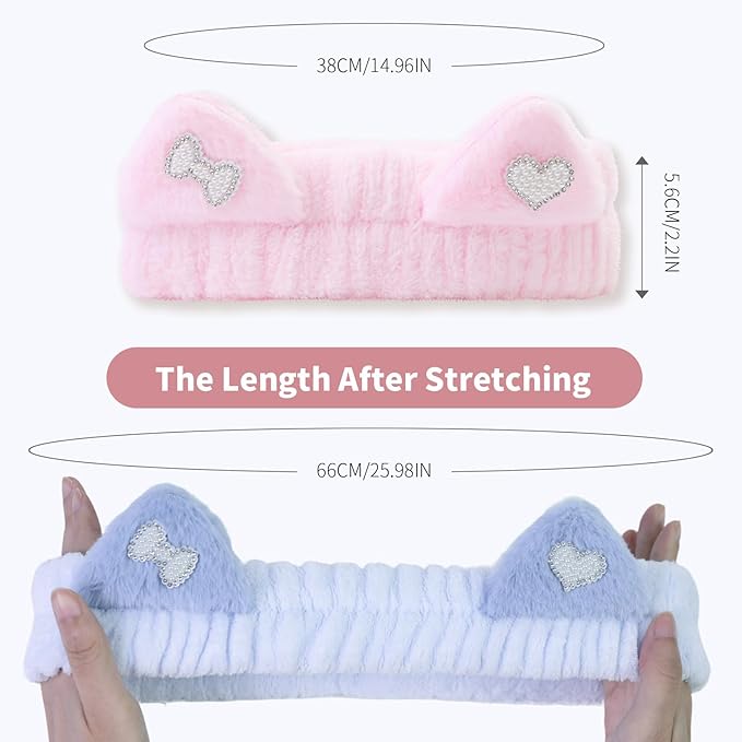 Kawaii Spa Headbands for Women Girls - 2 Pack Cute Cat Ear Soft Fleece Facial Headbands for Makeup, Skincare, Bath, Shower, Beauty and Face Washing, Blue+Pink Heart