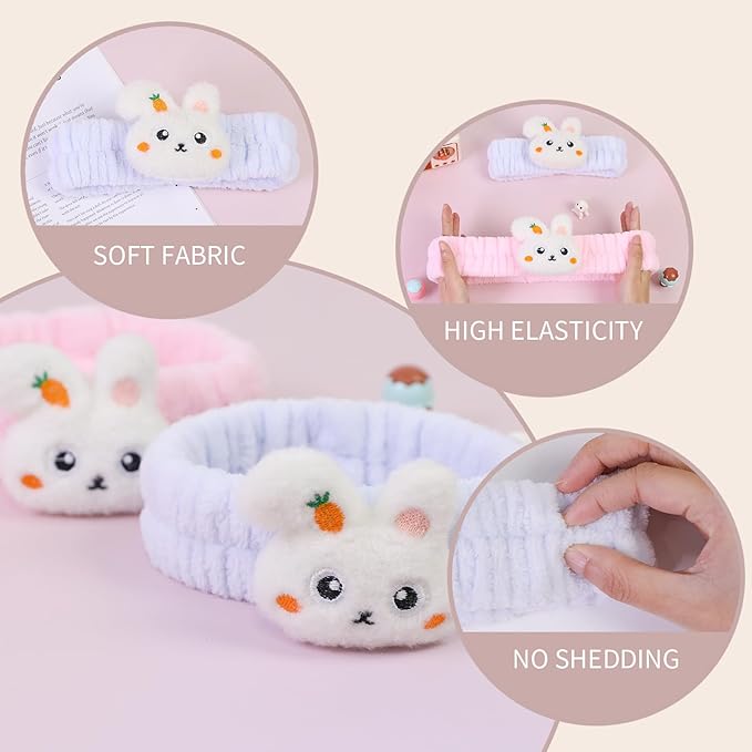 Spa Headband for Washing Face, 2 Pack Cute Hair Band for Shower Yoga Beauty, Fluffy Makeup Headband, Kawaii Facial Headbands for Woman Girls, Blue+Pink Rabbit