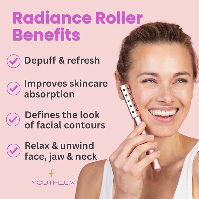 Radiance Roller – Germanium Stone Facial Massage Tool/Wand Face Roller for Lifting, Sculpting, De-Puffing, Glow Boost, Energizing & Cooling Effect (Rose Gold)