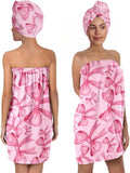 Pink Bow Bath Wrap with Hair Drying Cap – Soft Microfiber Quick Dry Shower Towel Skirt Set for Women, Teens, Girls, Spa, Gym, Pool, and Travel (Bow 5)