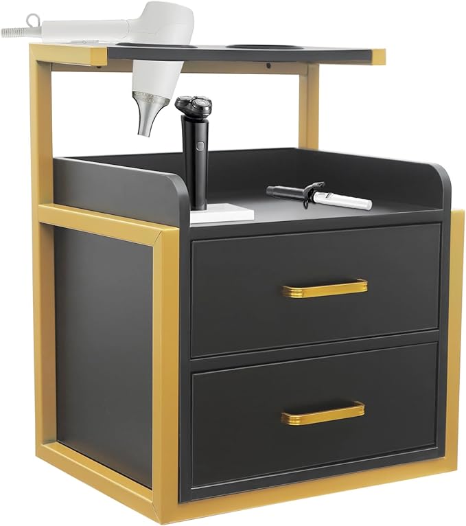 Salon Cabinet, Salon Storage Organizer with 2 Drawers, 110.23Lbs Load Capacity Salon Wall Cabinet, Hanging Styling Station Equipment for Spa, Barber Store, Locker Room, Bathroom (Gold＋Black)