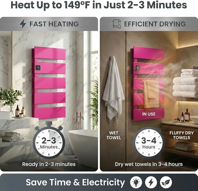 Electric Towel Warmer, Heated Towel Rack with Thermo Control and Timer, Fast Heating Towel Rail for Bathroom with Memroy Function, Work with Smart Plug, Left-Wiring, 5 Panel, Pink