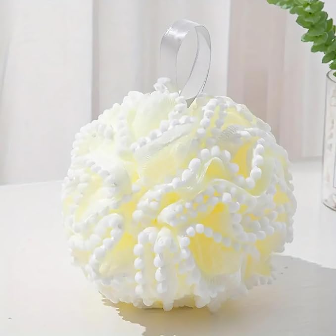 Large Luxurious Bath Ball Loofah Sponge Pouf Puff Mesh for Shower - Soft, Quick-Dry Exfoliating Foaming Deep Cleansing Body Scrubber - White