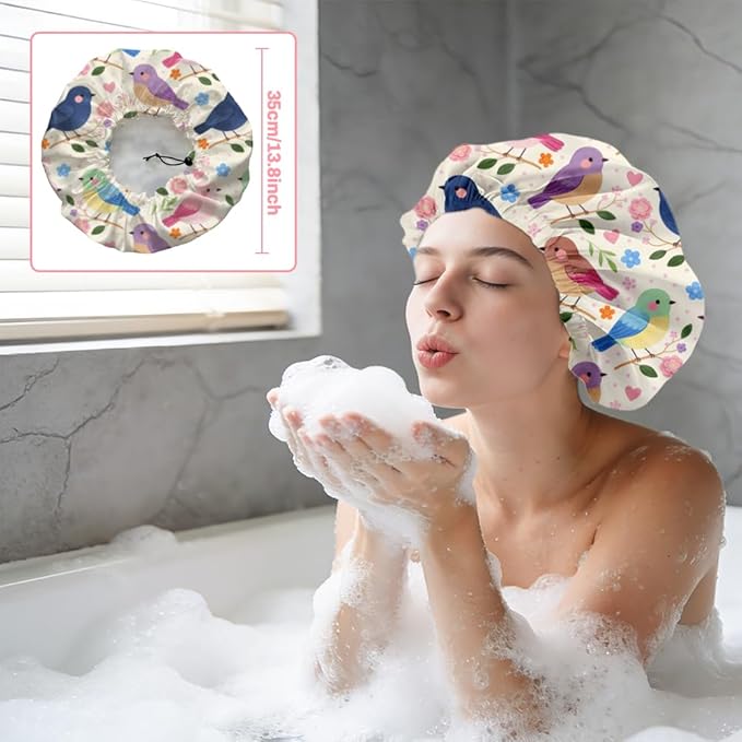 Bohemian Birds Flowers Reusable Shower Cap Cute Double Layer Waterproof Shower Caps Large Elastic Hair Cover Adjustable Hair - Drying Caps for Woman Bath SPA Travel One Size Fits Most